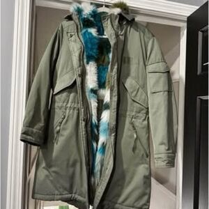Gap olive green colorful fur parka size medium